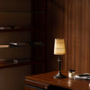 modern black iron wood glass rechargeable table lamp