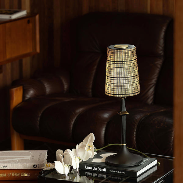 modern black iron wood glass rechargeable table lamp