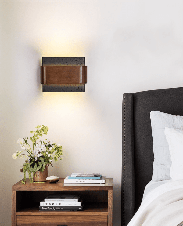 modern black travertine walnut led wall sconce