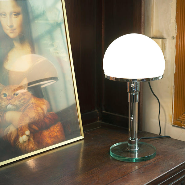 modern chrome clear glass bauhaus table lamp