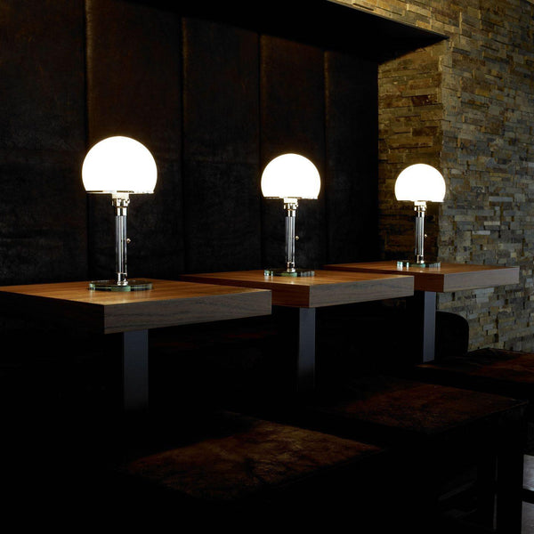 modern chrome clear glass bauhaus table lamp