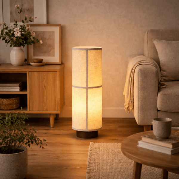 modern dark walnut fabric cylinder floor lamp