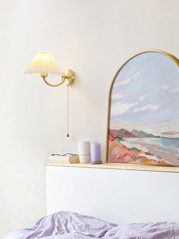 modern gold brass pleated fabric wall sconce