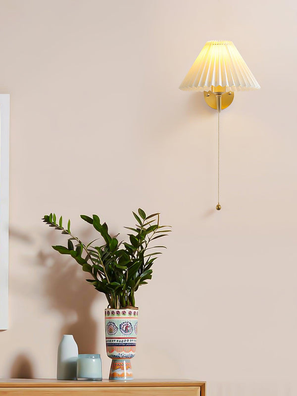 modern gold brass pleated fabric wall sconce