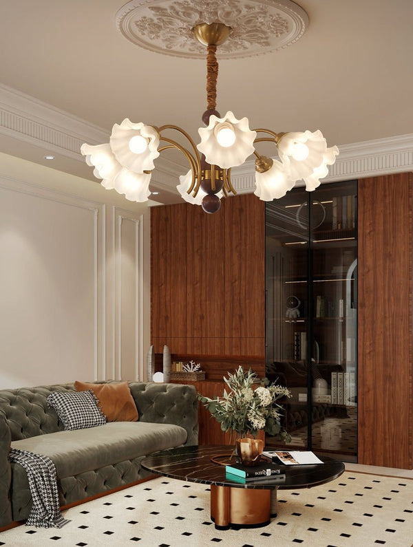 modern gold walnut opal glass petal chandelier