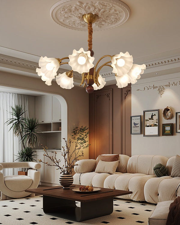 modern gold walnut opal glass petal chandelier