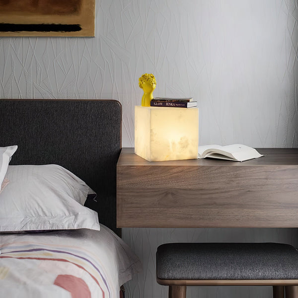 modern snow white natural alabaster cube table lamp
