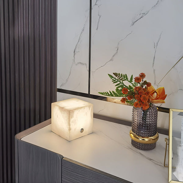 modern snow white natural alabaster cube table lamp