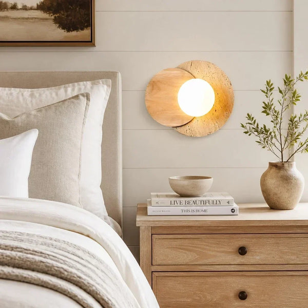 modern travertine wood double globe wall sconce