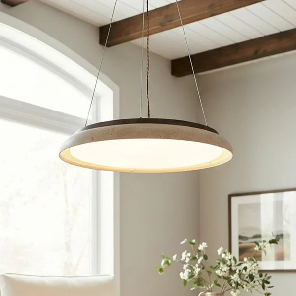 modern travertine wood round wabi sabi pendant light