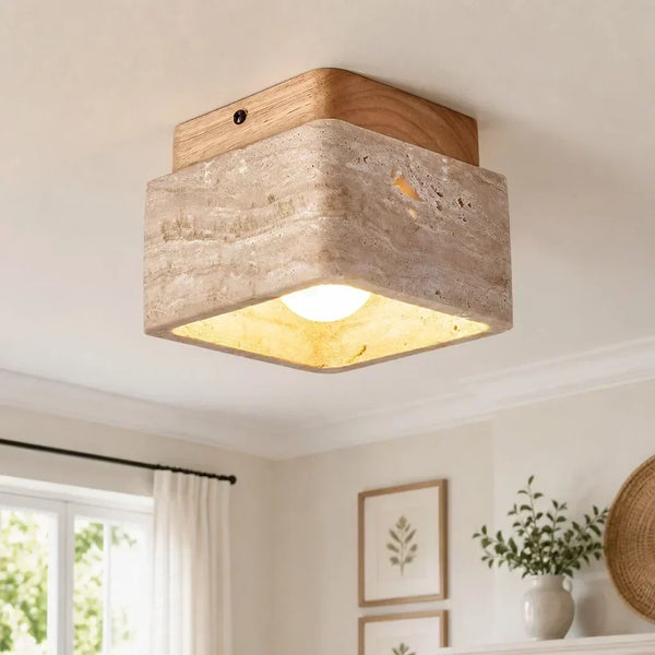 modern travertine wood square semi flush ceiling light