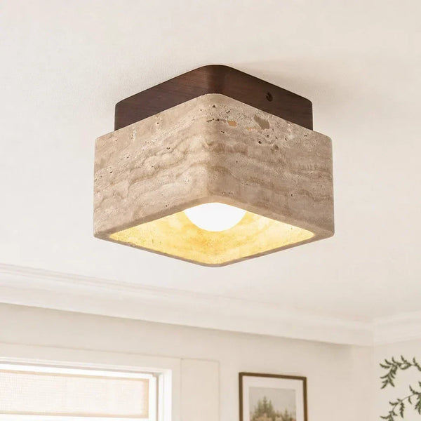 modern travertine wood square semi flush ceiling light