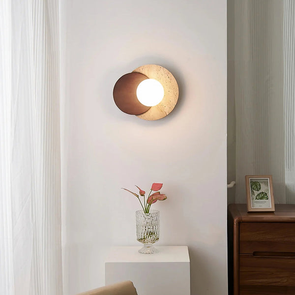 modern walnut beige travertine glass wall lamp