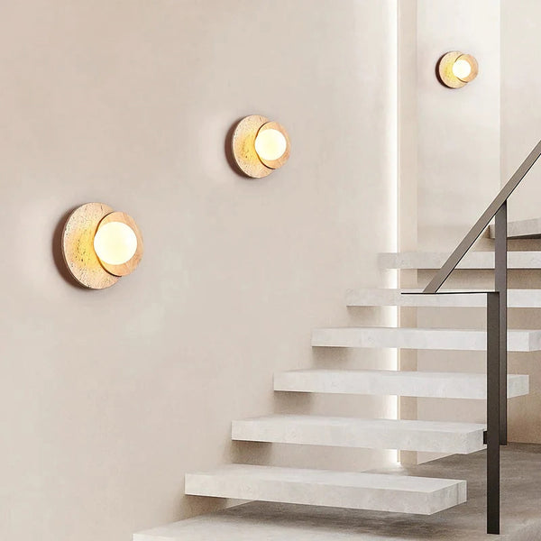 modern walnut beige travertine glass wall lamp