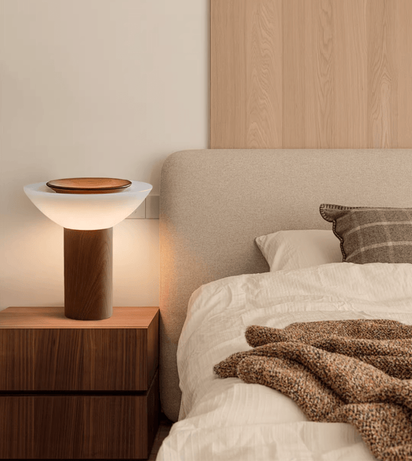 modern walnut frosted glass led table lamp
