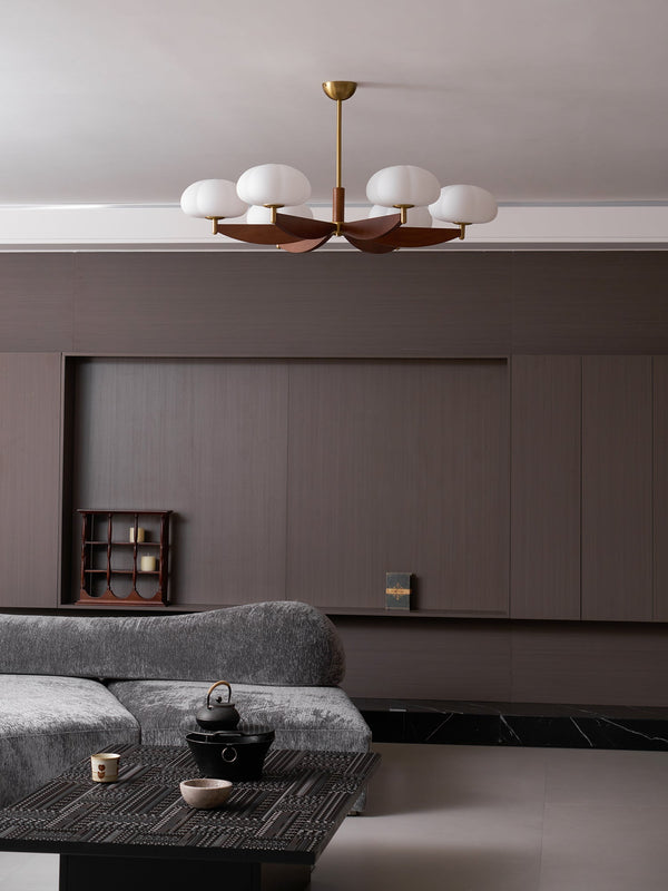 modern walnut gold glass petal chandelier