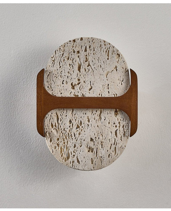 modern walnut travertine disc led wall sconce