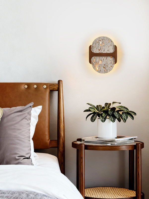 modern walnut travertine disc led wall sconce