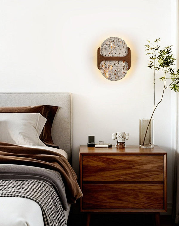modern walnut travertine disc led wall sconce