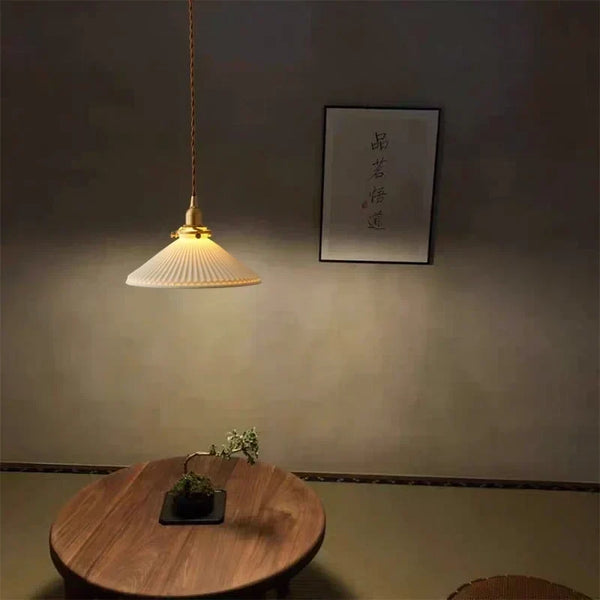 modern white ceramic pleated pendant light copper