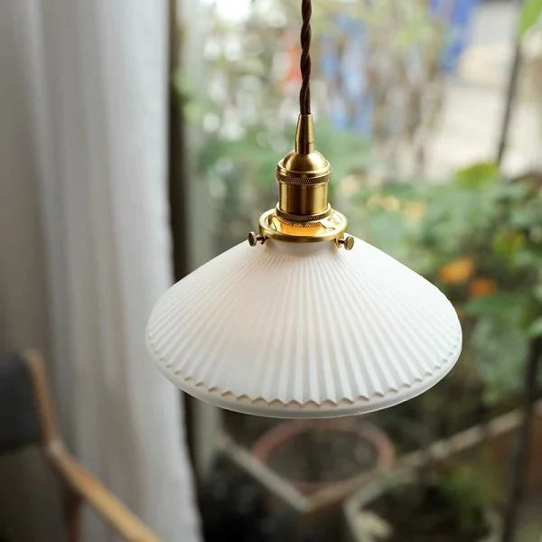 modern white ceramic pleated pendant light copper