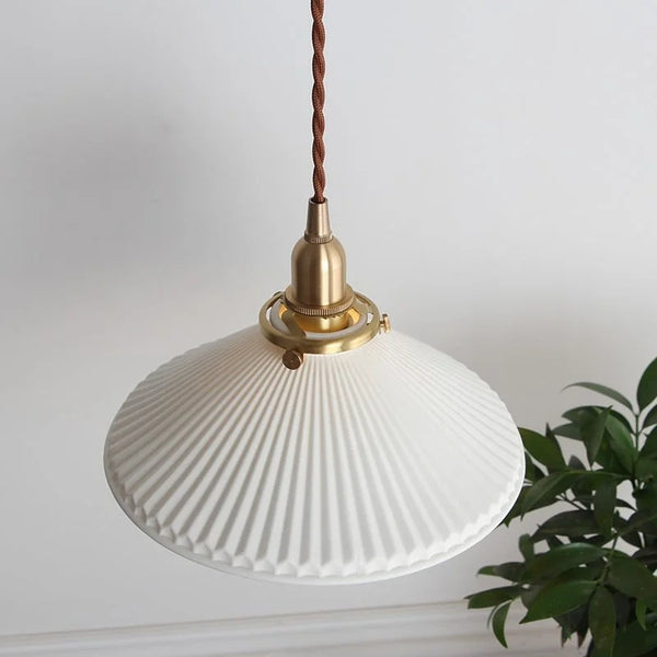 modern white ceramic pleated pendant light copper
