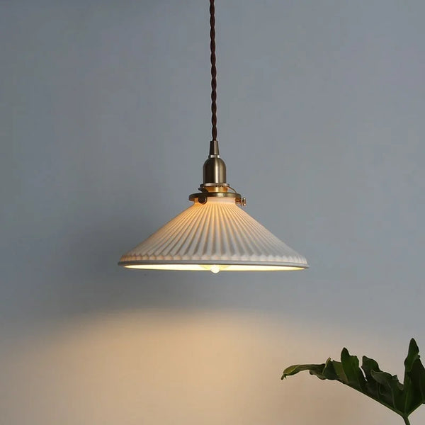 modern white ceramic pleated pendant light copper