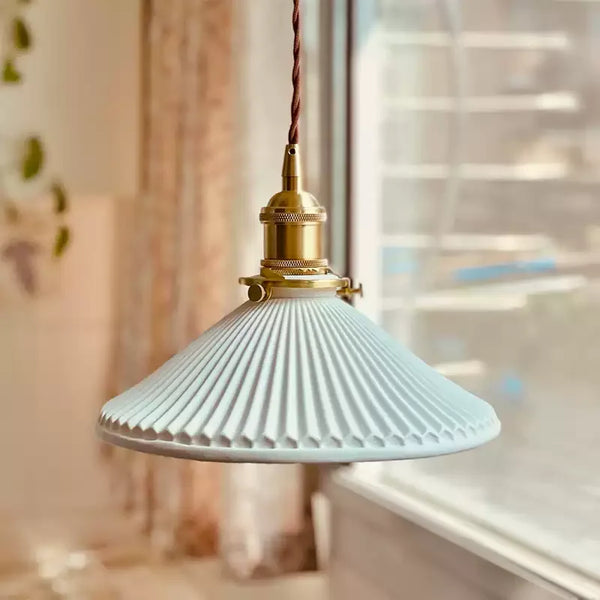 modern white ceramic pleated pendant light copper
