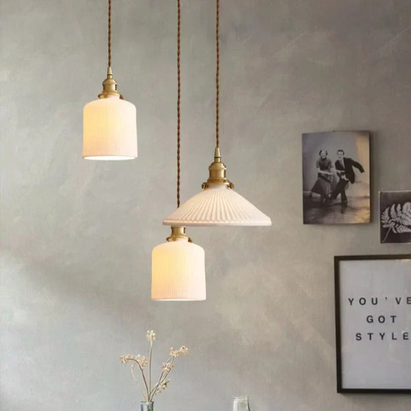 modern white ceramic pleated pendant light copper
