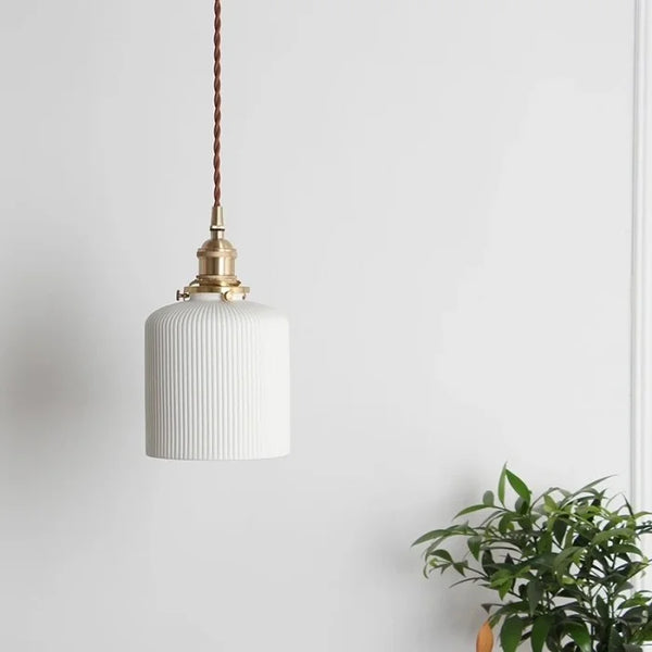 modern white ceramic pleated pendant light copper
