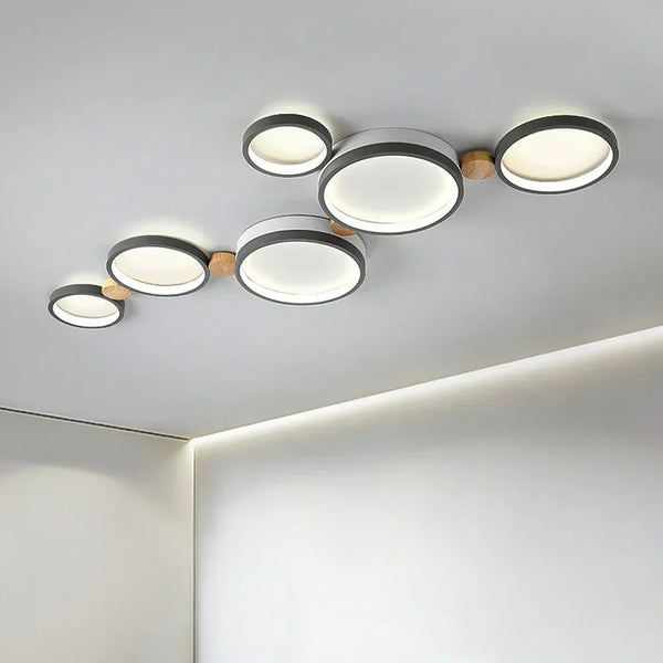 modern white iron wood circle array led flush mount