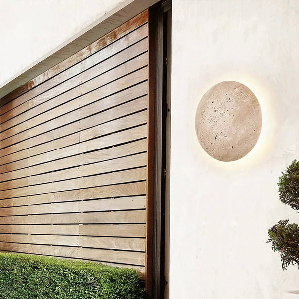 modern yellow travertine round led wall sconce