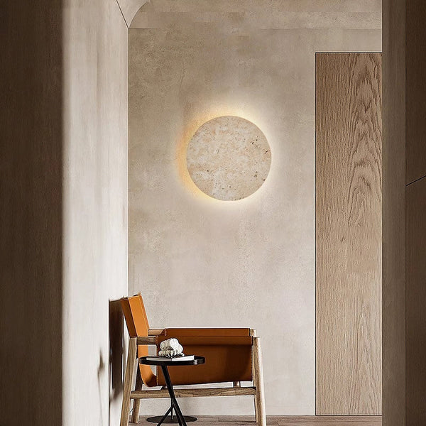 modern yellow travertine round led wall sconce
