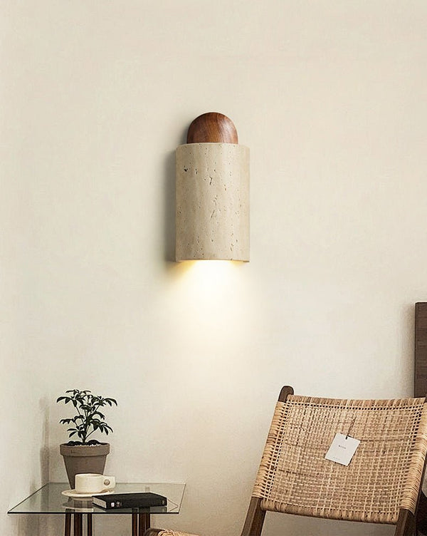 modern yellow travertine walnut capsule wall sconce