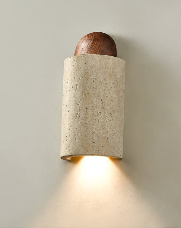 modern yellow travertine walnut capsule wall sconce