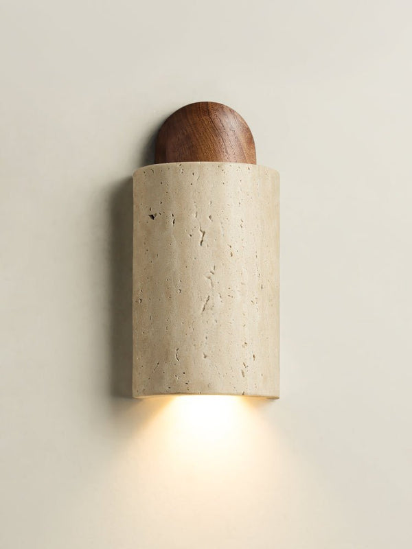 modern yellow travertine walnut capsule wall sconce