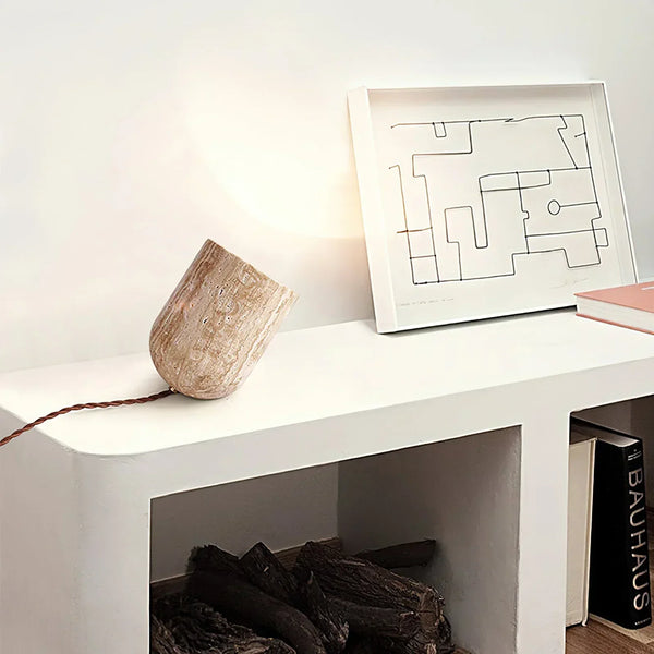 modern yellow travertine wood cylinder table lamp