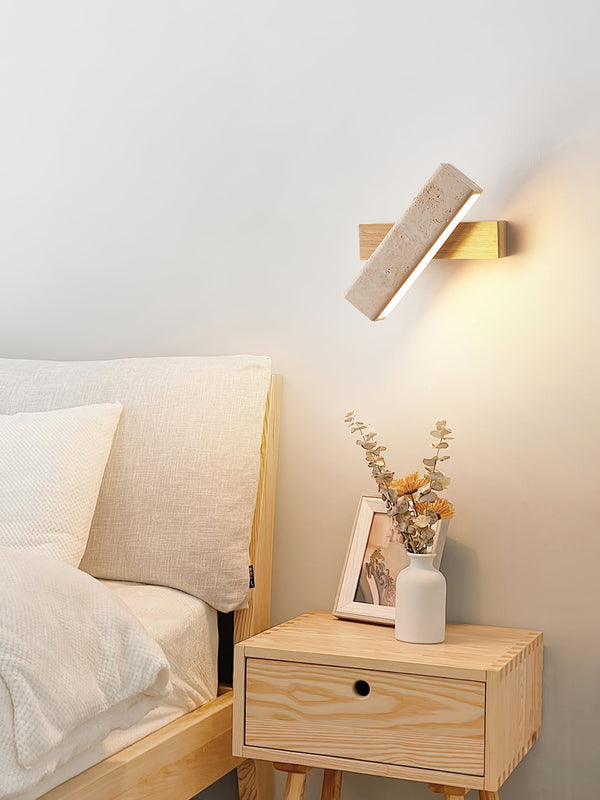 modern yellow travertine wood linear led wall sconce