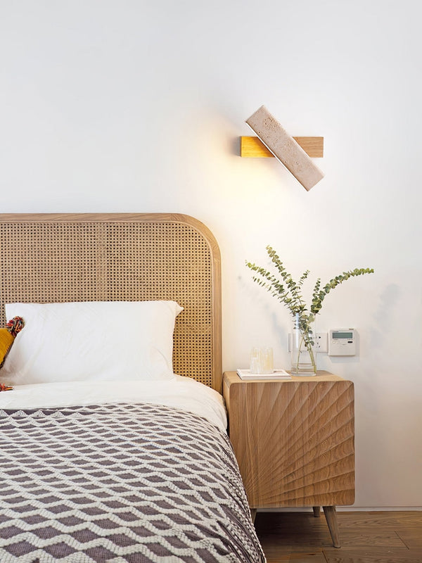 modern yellow travertine wood linear led wall sconce