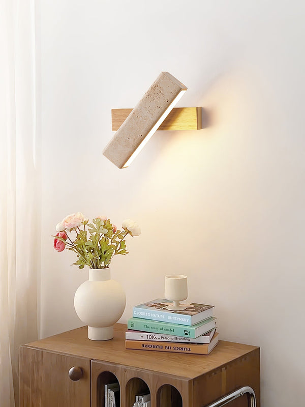 modern yellow travertine wood linear led wall sconce