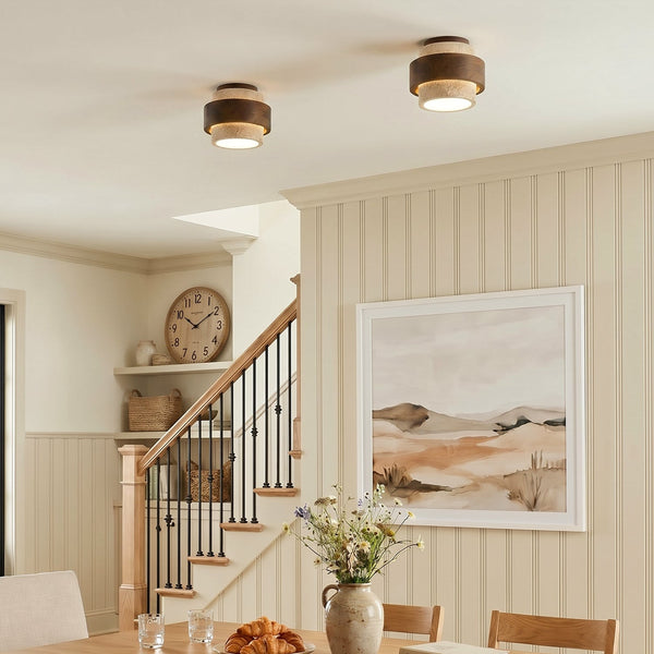 modern yellow travertine wood round flush mount ceiling light