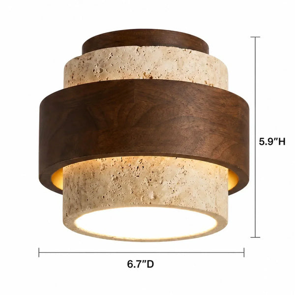 modern yellow travertine wood round flush mount ceiling light
