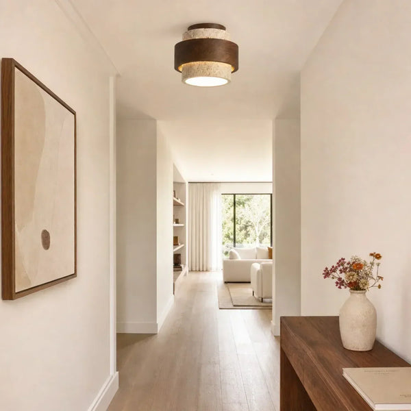 modern yellow travertine wood round flush mount ceiling light