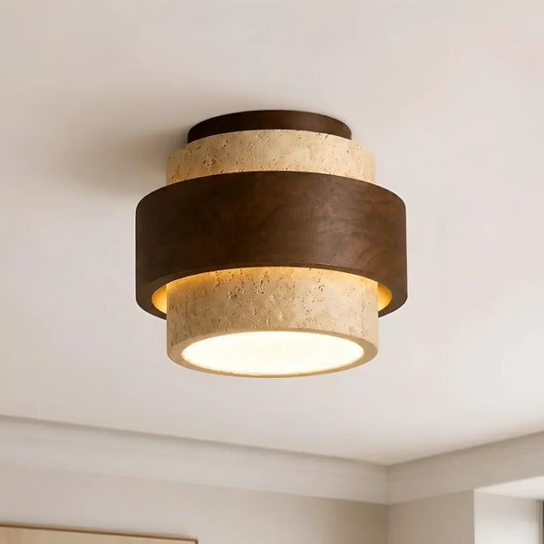 modern yellow travertine wood round flush mount ceiling light