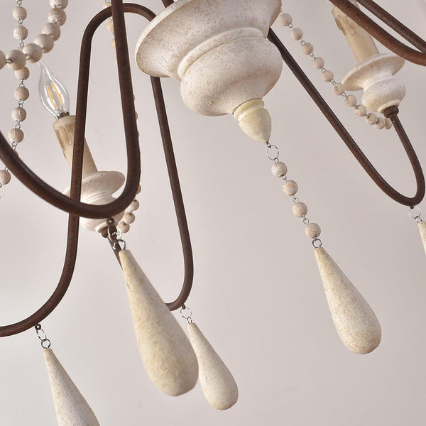 Rustic Farmhouse Wood Bead Chandelier With Teardrops Candle Style Lights