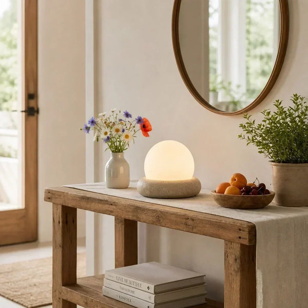 neutral travertine glass globe led table lamp