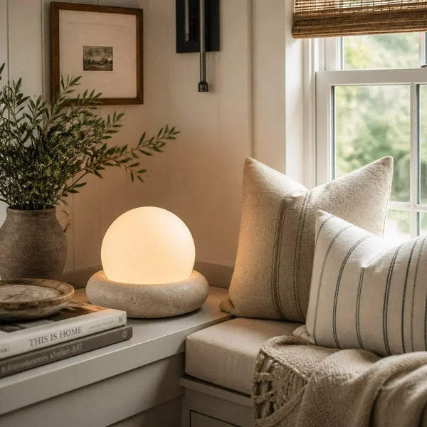 neutral travertine glass globe led table lamp