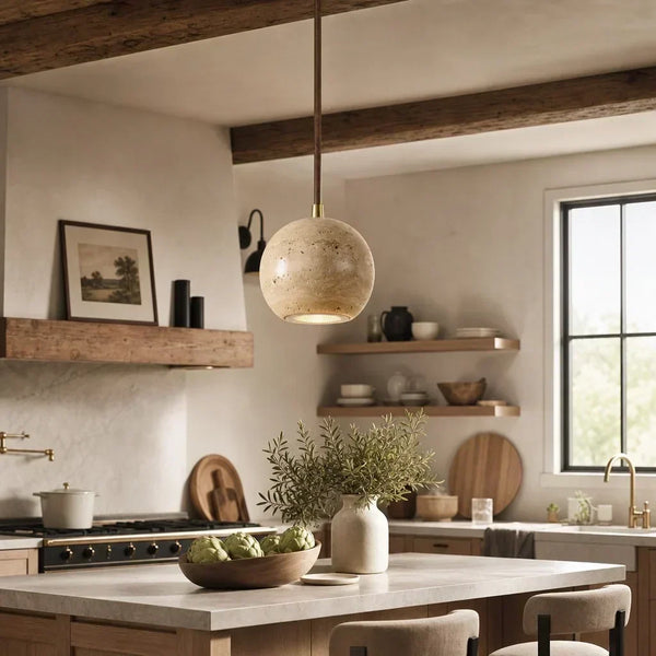 organic travertine wood pendant light