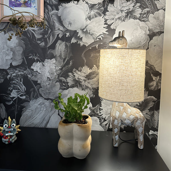 rustic carved wood animal table lamp with fabric shade