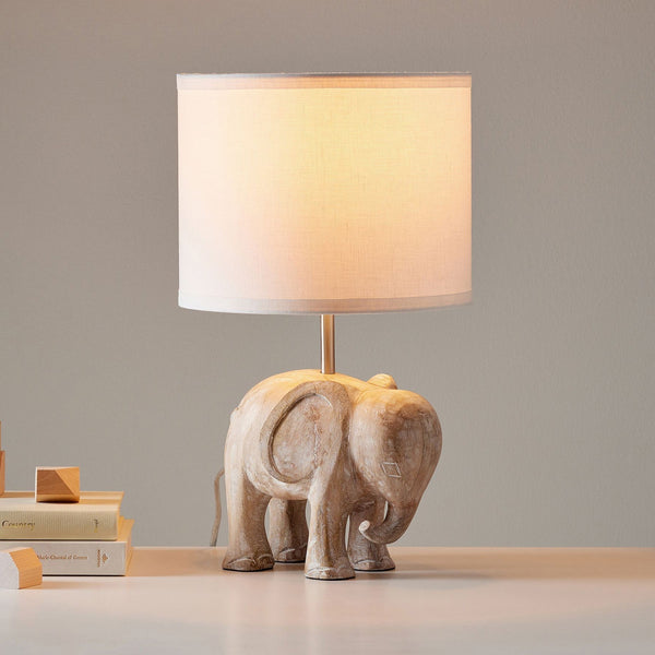 rustic carved wood animal table lamp with fabric shade